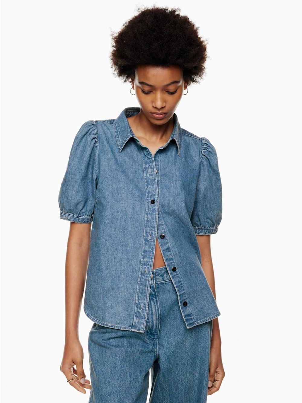 Aritzia Wilfred Ocean Medium Blue Puff-Sleeve Denim Button-Down Shirt Size XS